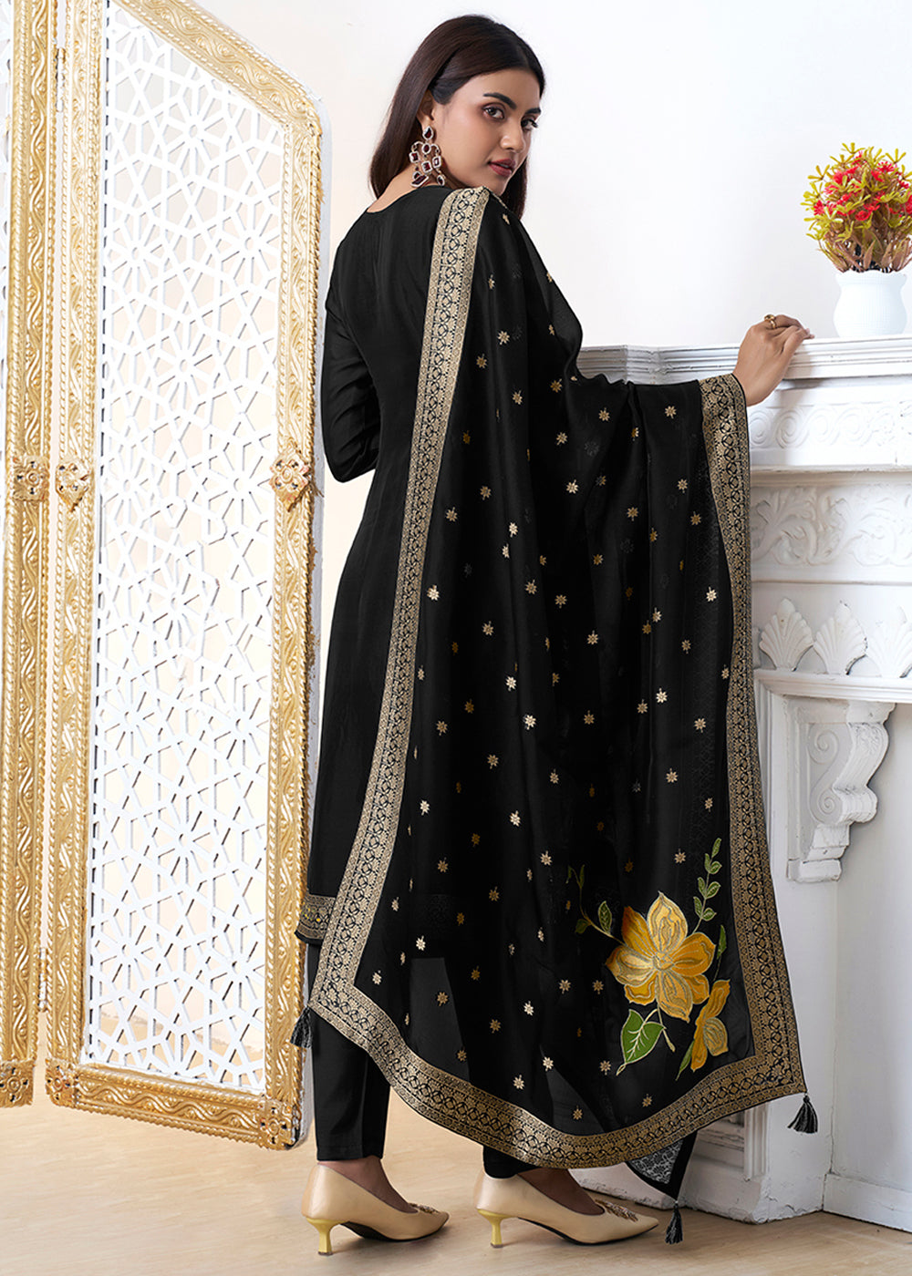 Black Organza with Jacquard weave Reay to wear Salwar & Kurta Set