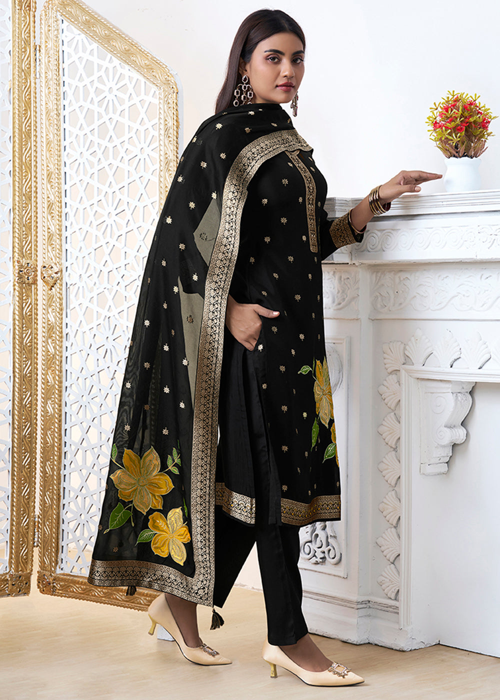 Black Organza with Jacquard weave Reay to wear Salwar & Kurta Set
