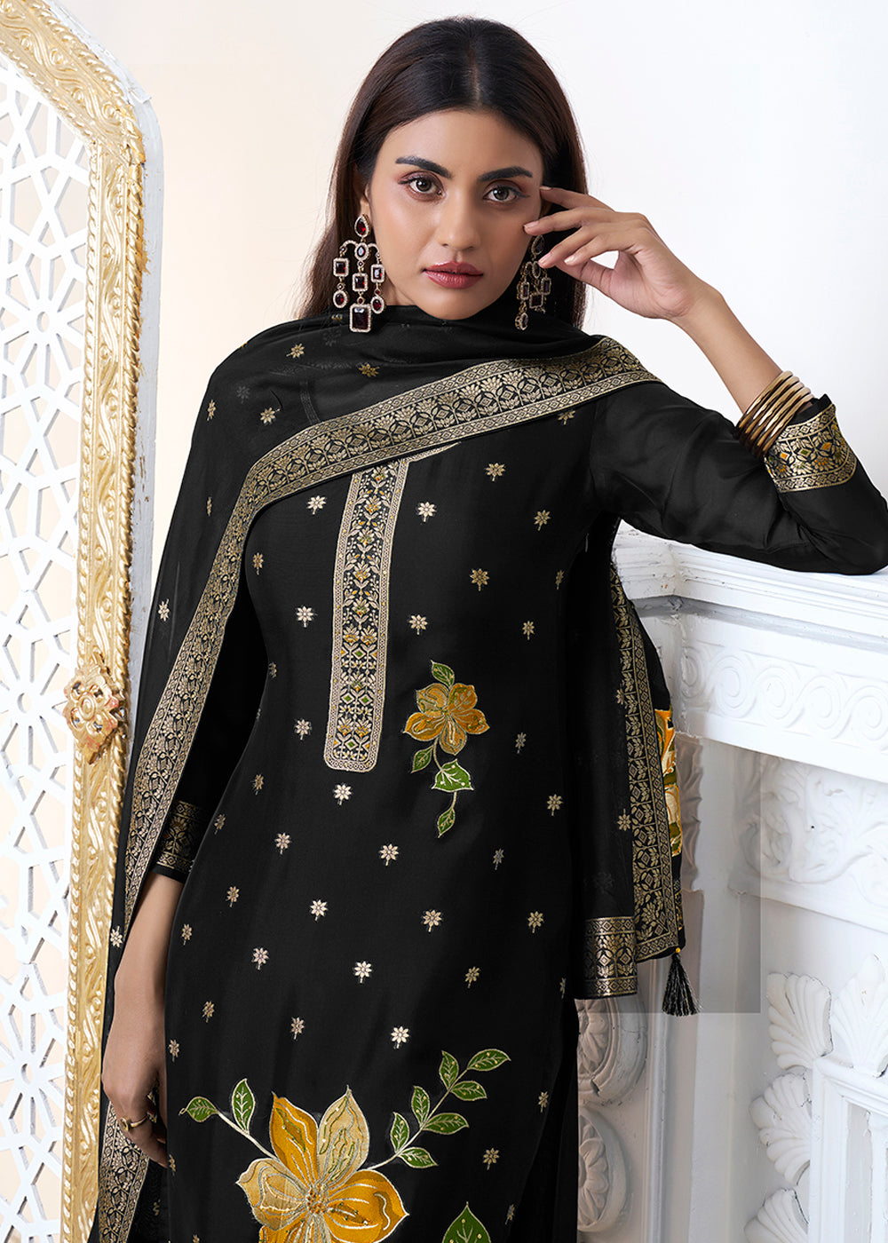Black Organza with Jacquard weave Reay to wear Salwar & Kurta Set