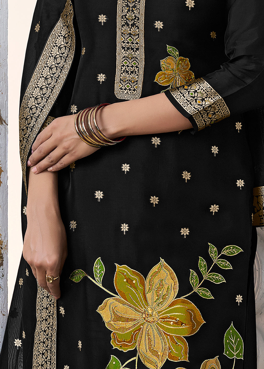 Black Organza with Jacquard weave Reay to wear Salwar & Kurta Set