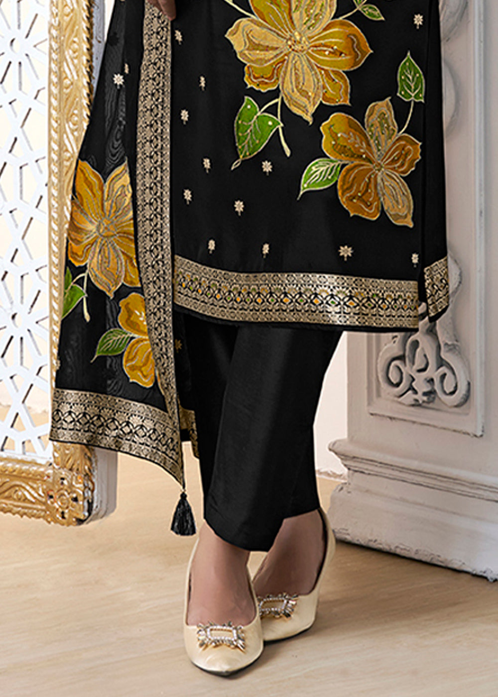 Black Organza with Jacquard weave Reay to wear Salwar & Kurta Set