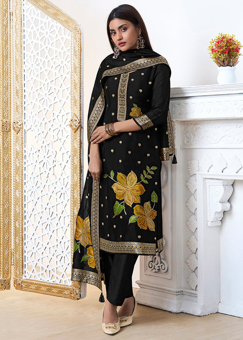 Black Organza with Jacquard weave Reay to wear Salwar & Kurta Set