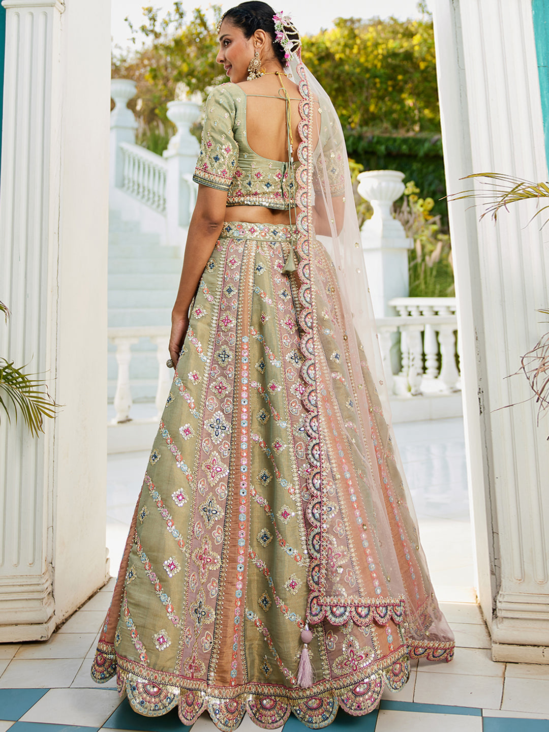 Bridal Net Multi-Color Gotta Patti,Sequins, Moti, Mirror and Thread embroidery Semi-Stitched Lehenga Choli