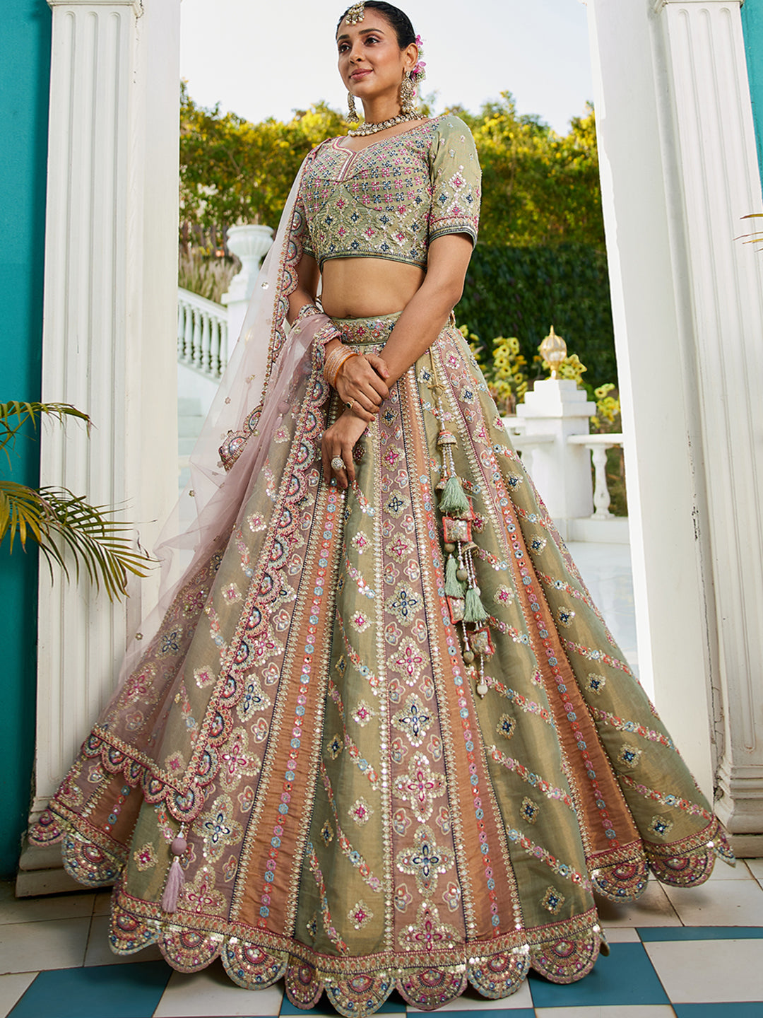 Bridal Net Multi-Color Gotta Patti,Sequins, Moti, Mirror and Thread embroidery Semi-Stitched Lehenga Choli