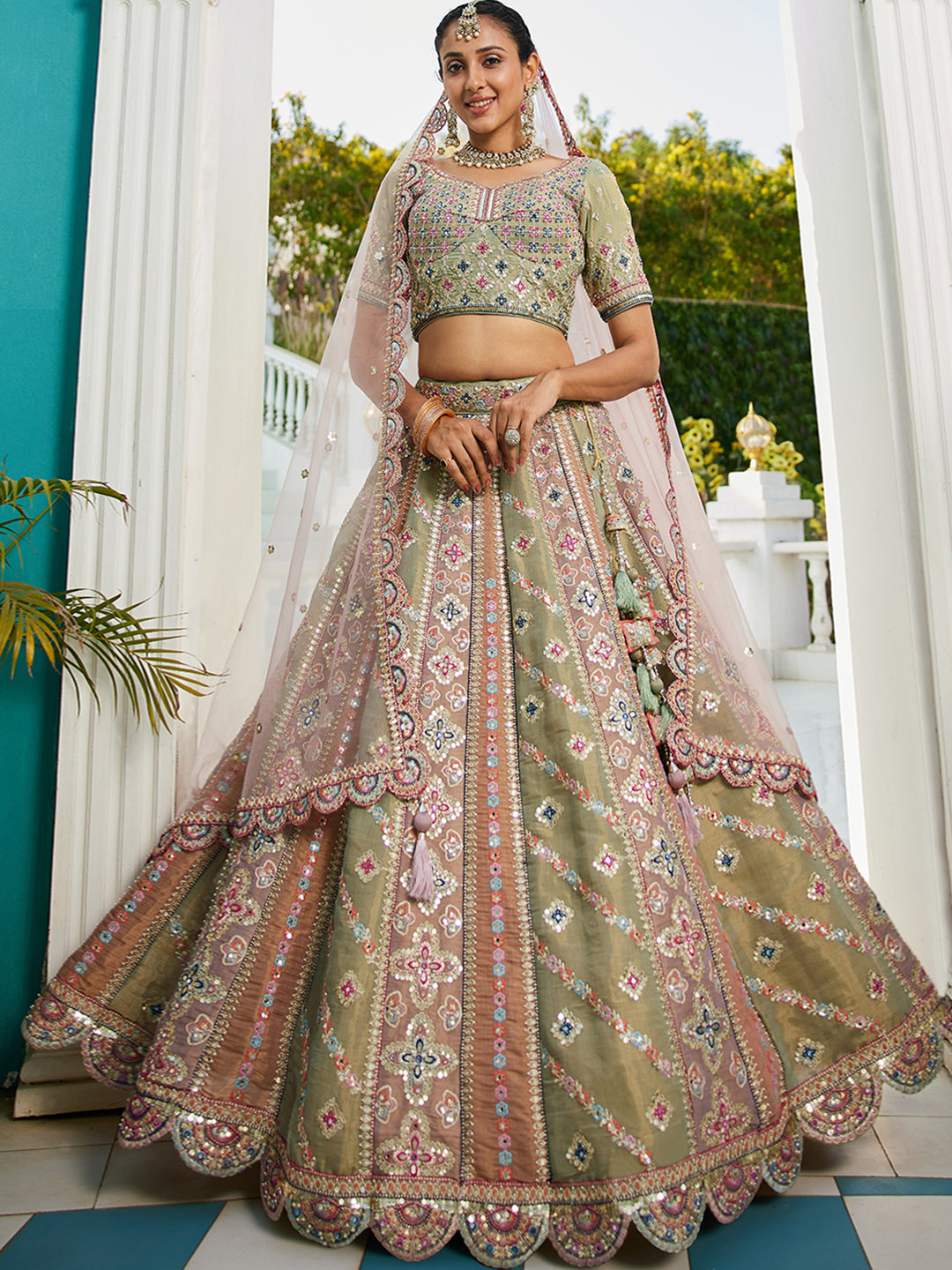 Bridal Net Multi-Color Gotta Patti,Sequins, Moti, Mirror and Thread embroidery Semi-Stitched Lehenga Choli