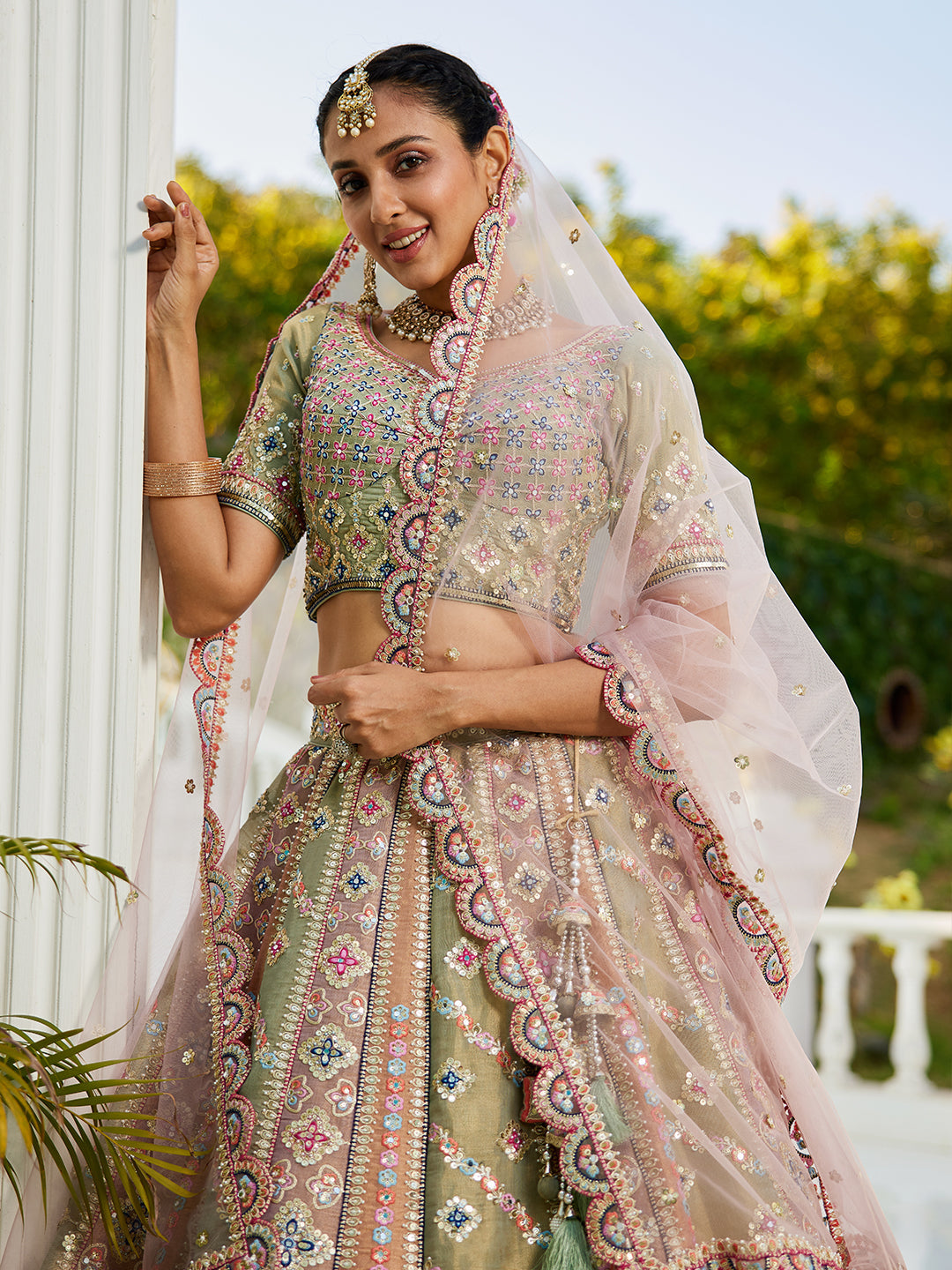 Bridal Net Multi-Color Gotta Patti,Sequins, Moti, Mirror and Thread embroidery Semi-Stitched Lehenga Choli