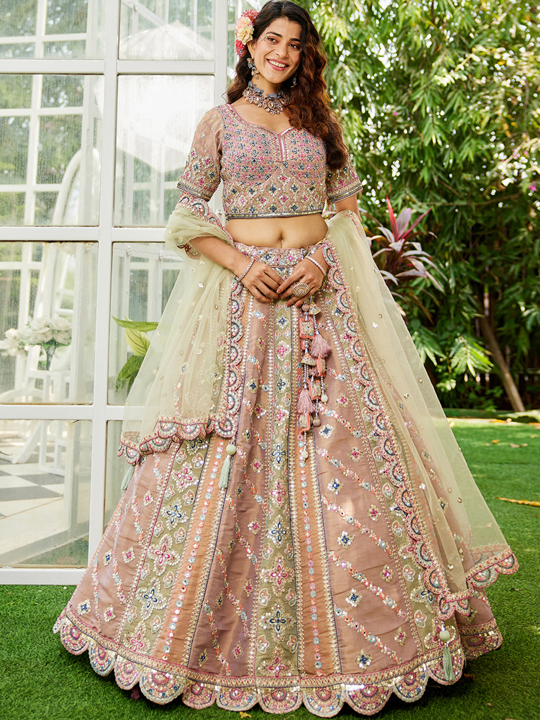 Bridal Net Multi-Color Gotta Patti,Sequins, Moti, Mirror and Thread embroidery Semi-Stitched Lehenga Choli