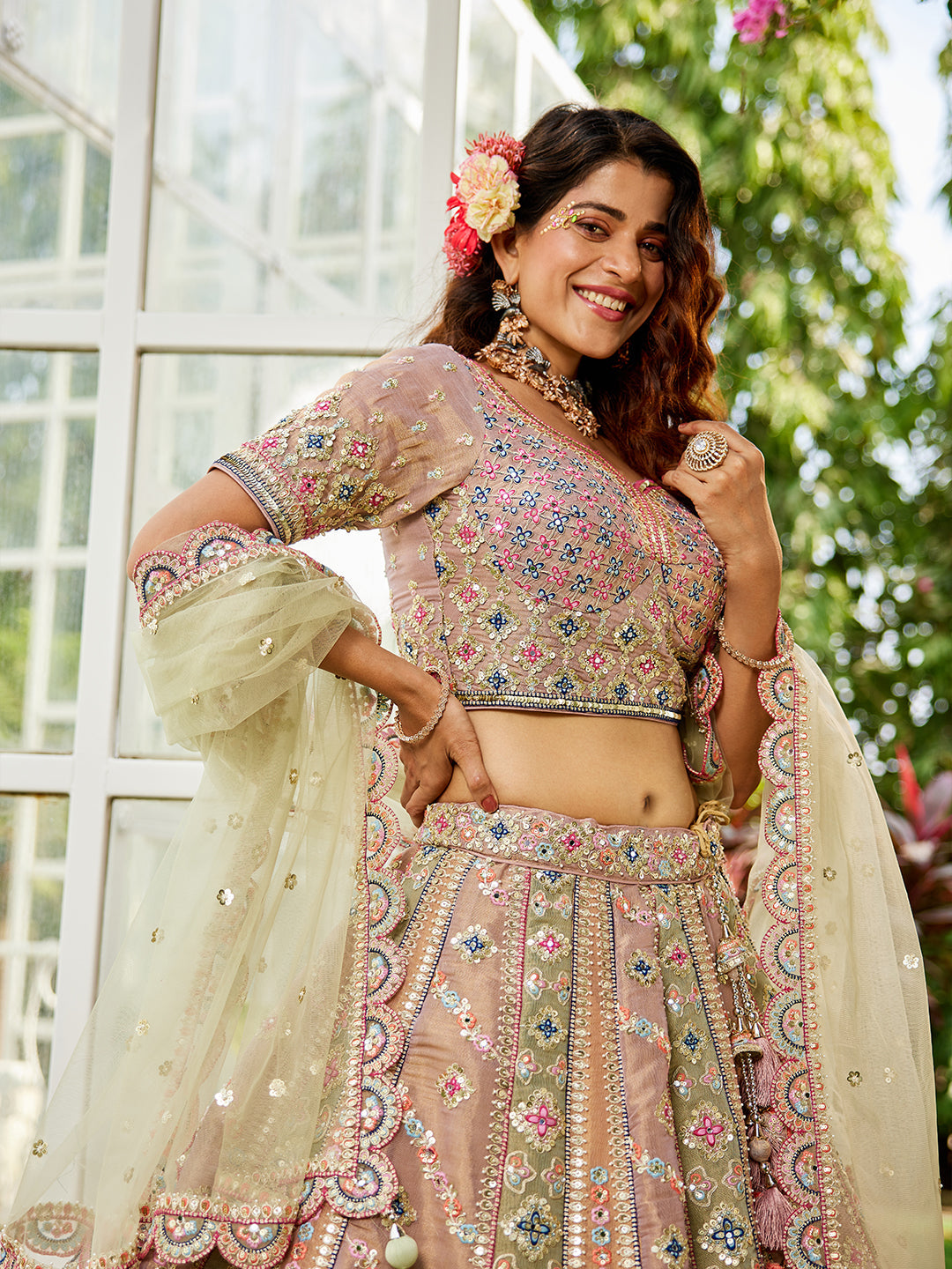 Bridal Net Multi-Color Gotta Patti,Sequins, Moti, Mirror and Thread embroidery Semi-Stitched Lehenga Choli