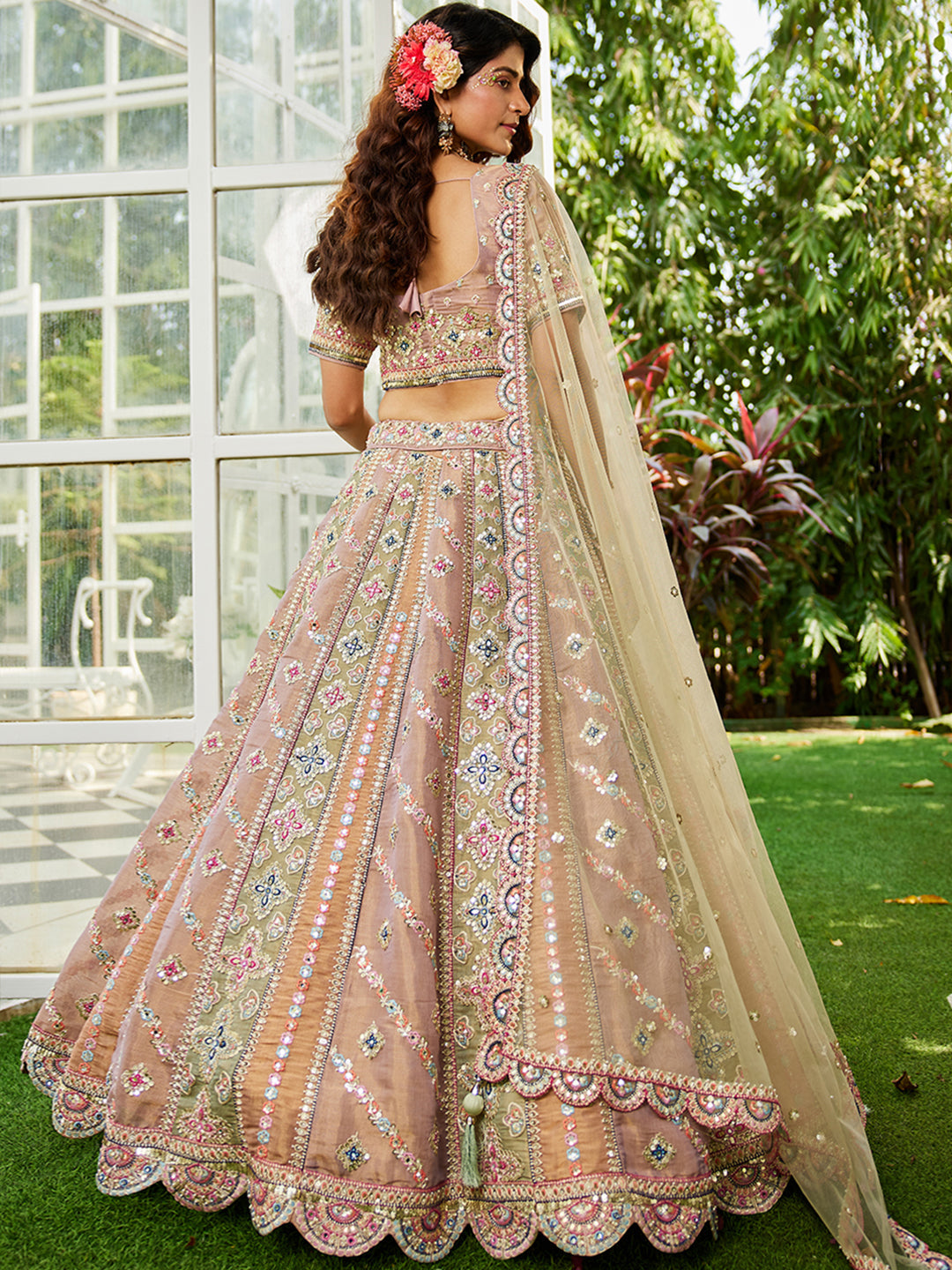 Bridal Net Multi-Color Gotta Patti,Sequins, Moti, Mirror and Thread embroidery Semi-Stitched Lehenga Choli