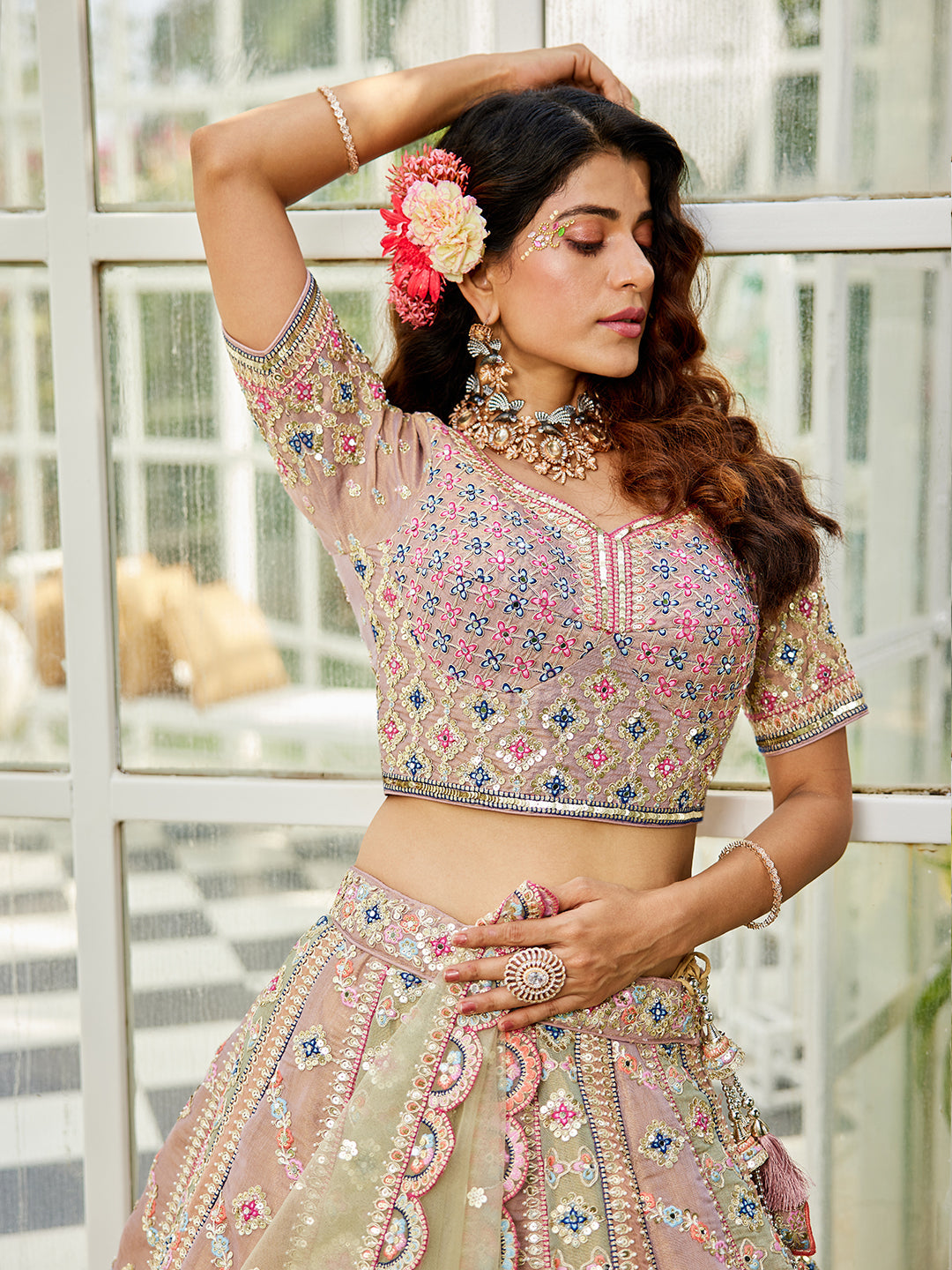 Bridal Net Multi-Color Gotta Patti,Sequins, Moti, Mirror and Thread embroidery Semi-Stitched Lehenga Choli